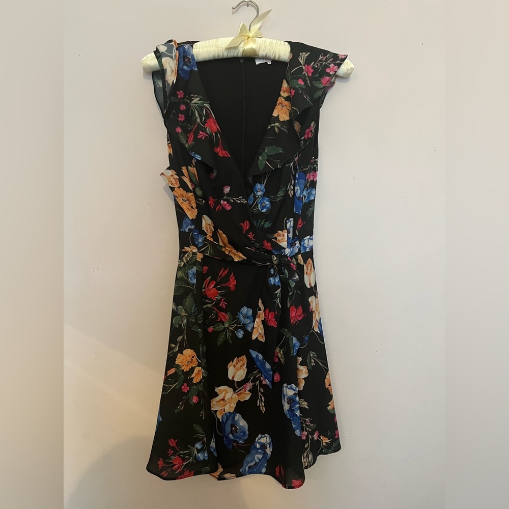 PARKER black flower wrap dress style w/ side zipper size m